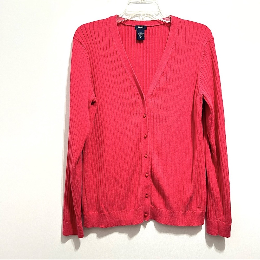 IZOD Women’s Fitted Ribbed Raspberry Cardigan - Picture 2 of 7